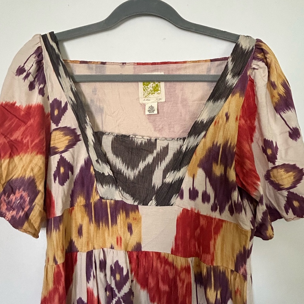 Red and Gold Graphic Midi Dress with Flutter Sleeves